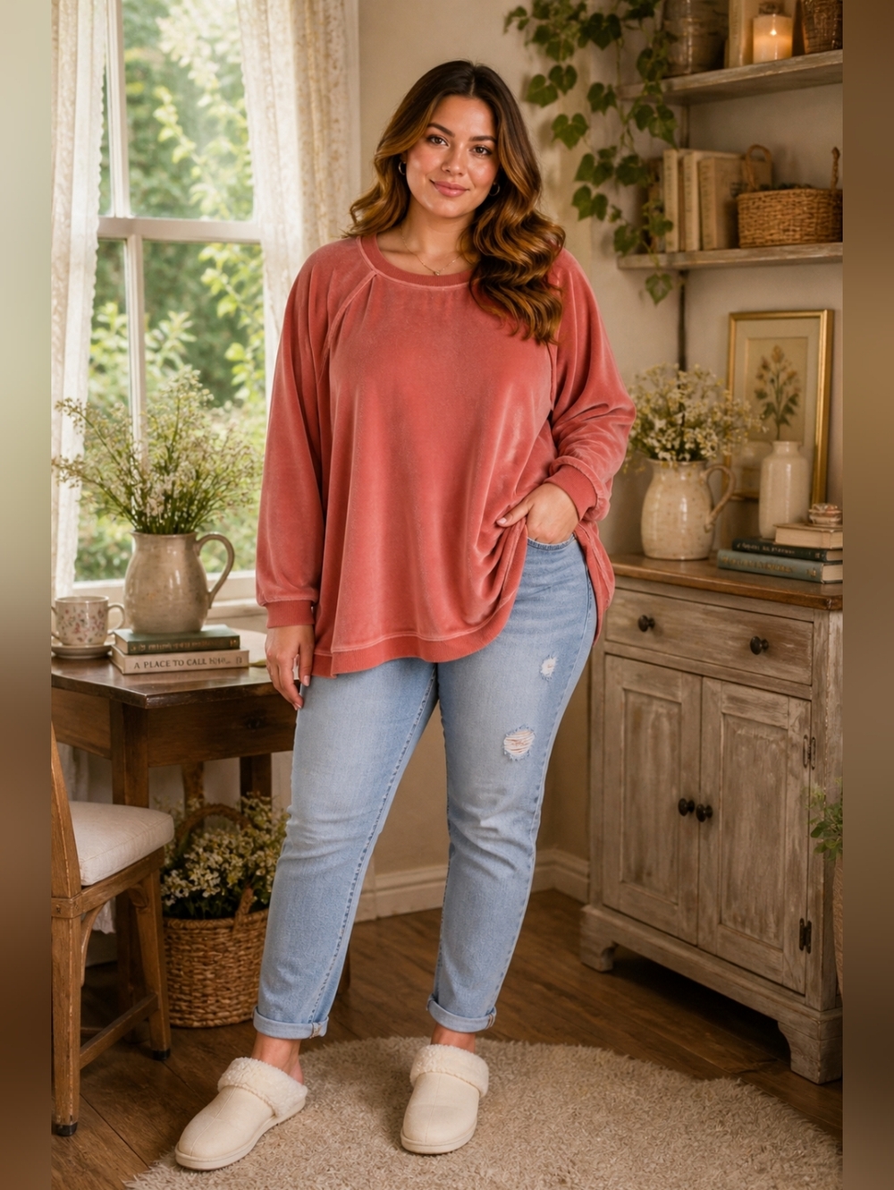 Aerie Velour Oversized Crewneck Sweatshirt | Terracotta Clay | Size XL
